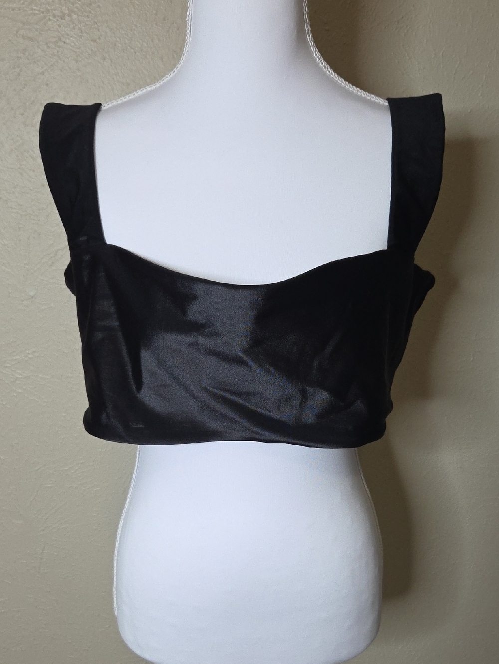 WeWoreWhat Black Satin Square-Neck Crop Top